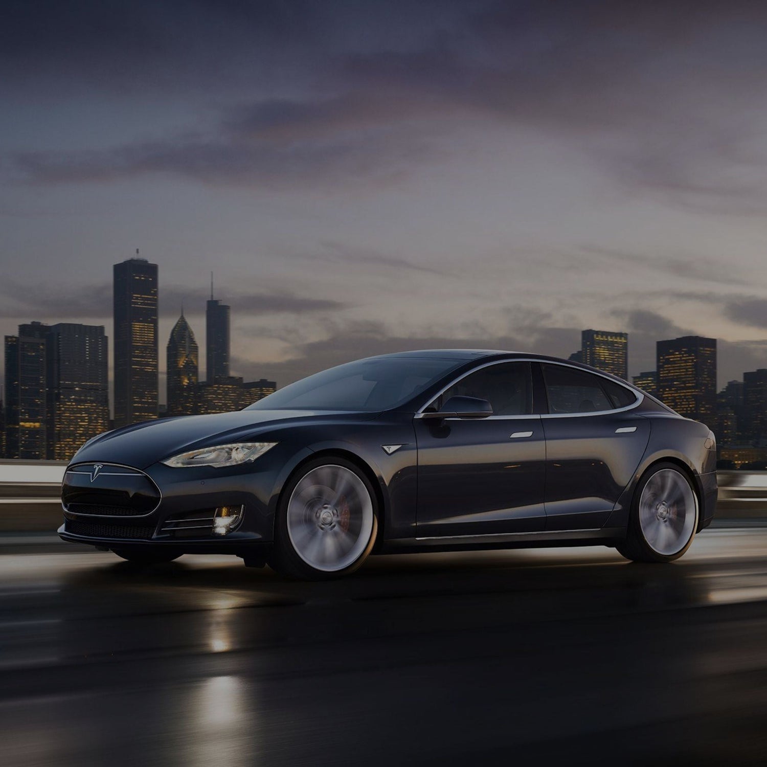 Tesla tire service, homepage section. A Tesla vehicle driving on the highway after a flat tire was fixed.